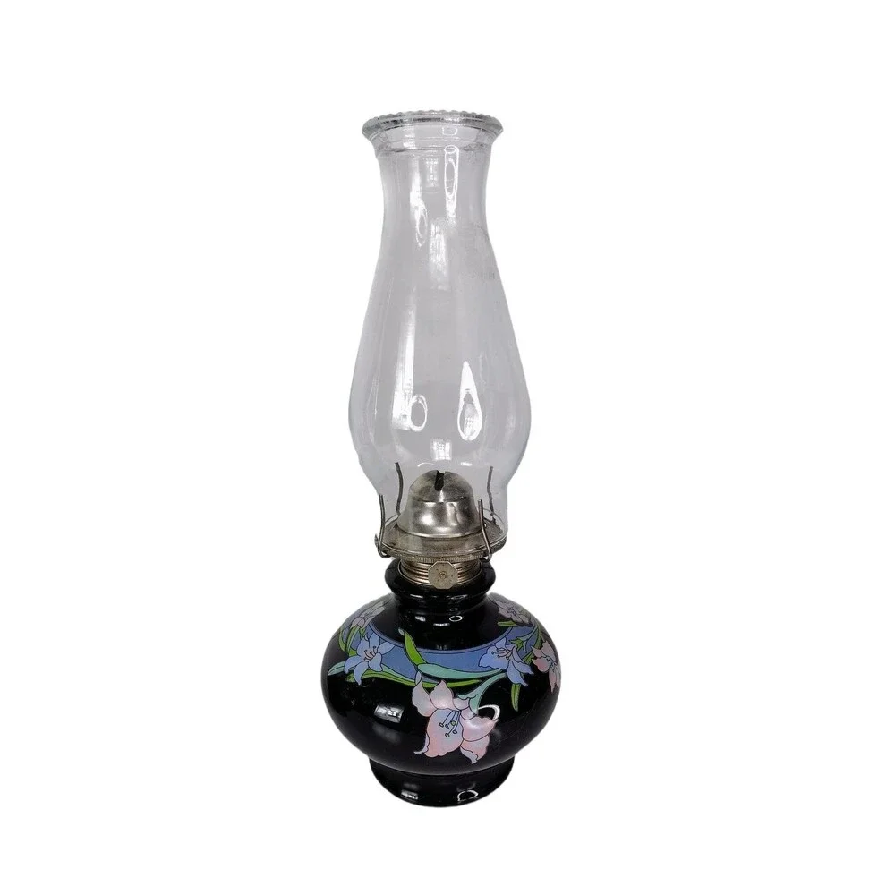 Kaadan LTD 80s Vintage Hand-Painted Black Glass Bamboo Floral Design Oil Lamps